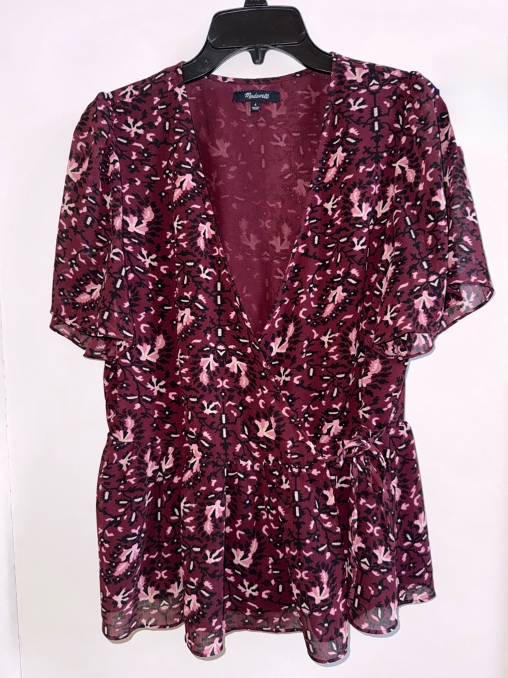 Madewell Wine & Pink Floral Wrap Blouse